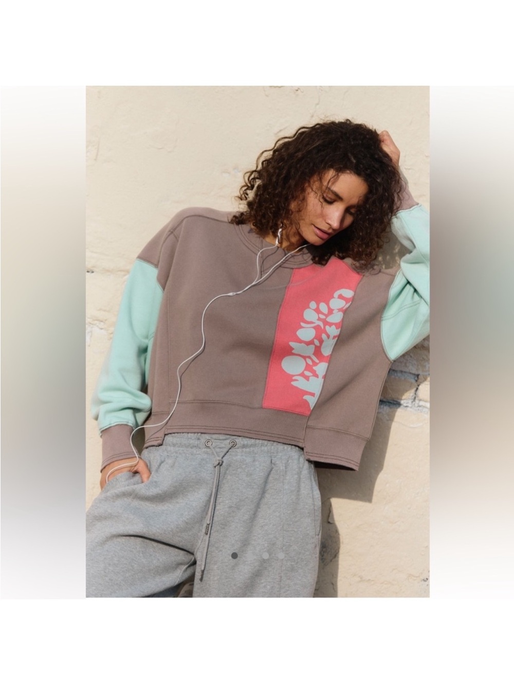 FP Movement Women's Colorblock Crewneck Sweatshirt in Pale Taupe size medium